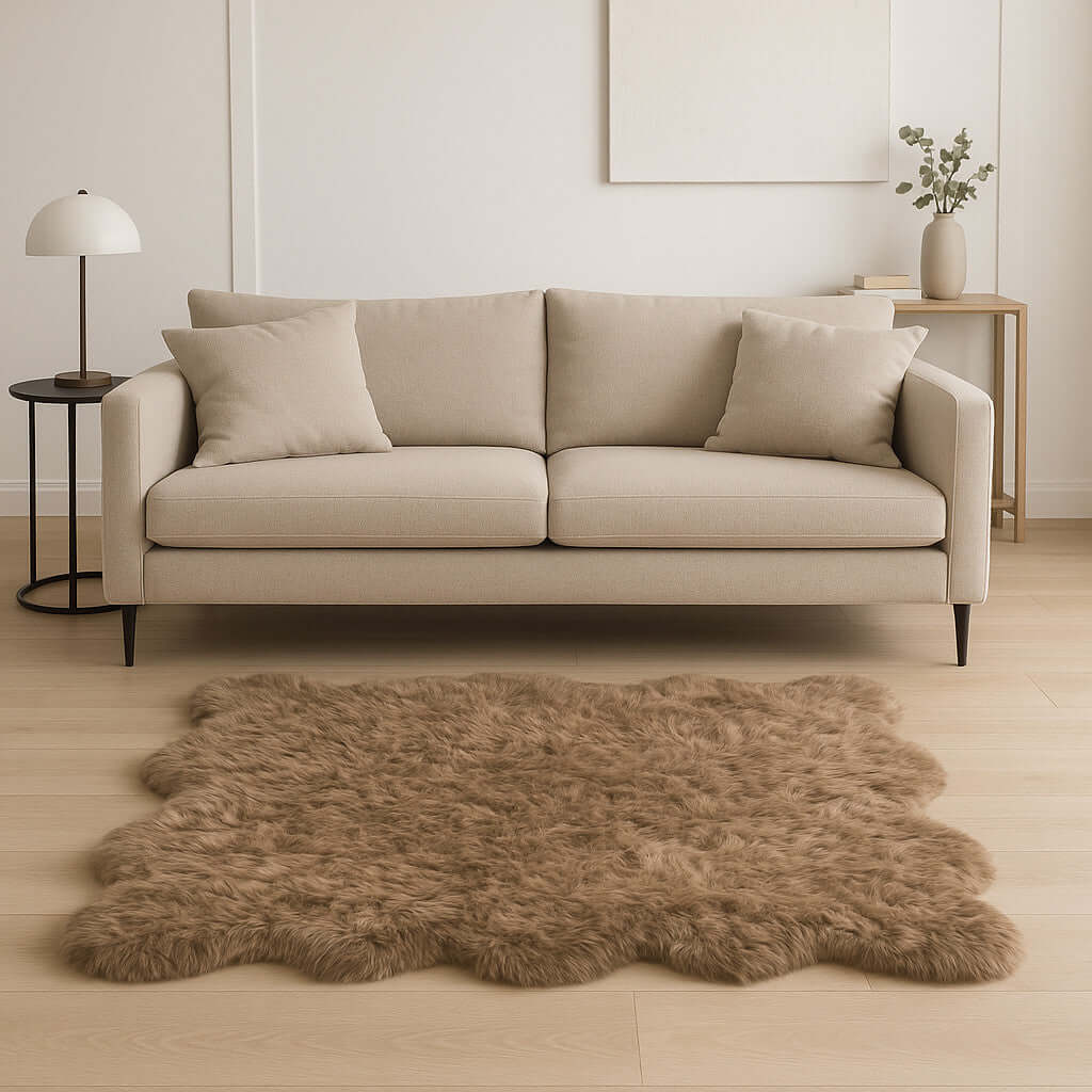 Soft scalloped faux fur shag rug in beige under a stylish modern sofa, enhancing cozy home decor.