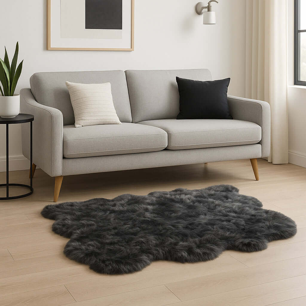 Scalloped faux fur shag rug in modern living room under gray sofa, adding cozy elegance and style.