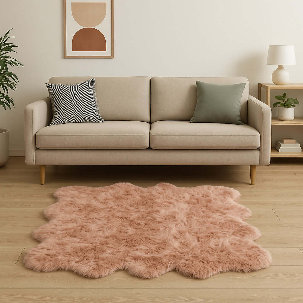 Cozy scalloped faux fur area shag rug in blush color, placed under a modern sofa in a stylish living room.