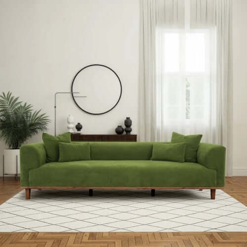 Richardson Velvet Sofa 103” - Scandinavian Modern 3-Seat Sofa with Wood Base in green fabric, stylish living room setup.