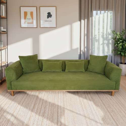 Richardson Velvet Sofa 103” - Scandinavian Modern 3-Seat Sofa with Wood Base in olive green upholstery.