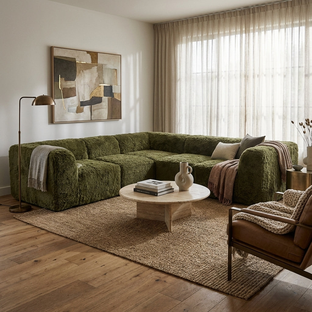 Sedona Faux Fur Modular L-Sectional – 107" Olive Green Corner Sectional – view 2