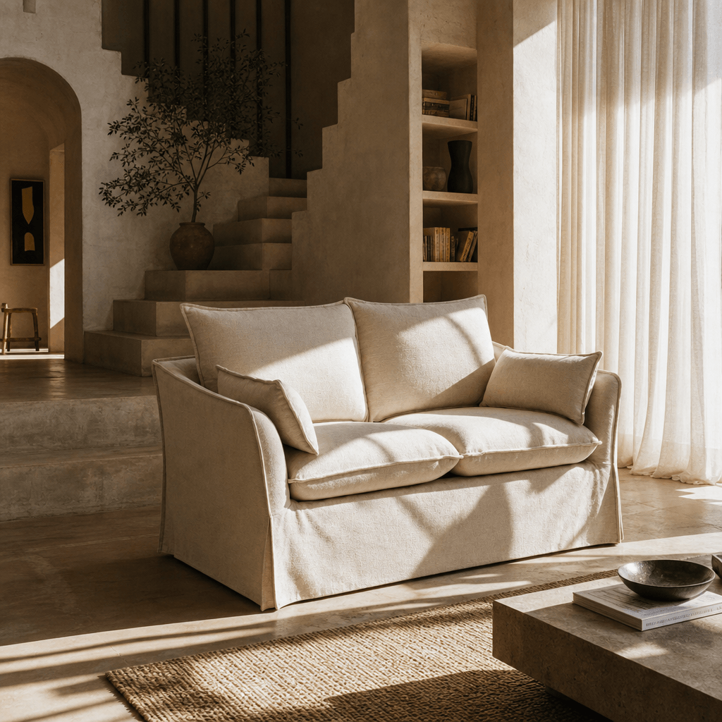 Shane Beige Linen Slipcover Loveseat w/2 Pillows 58" in a cozy living space with warm light.
