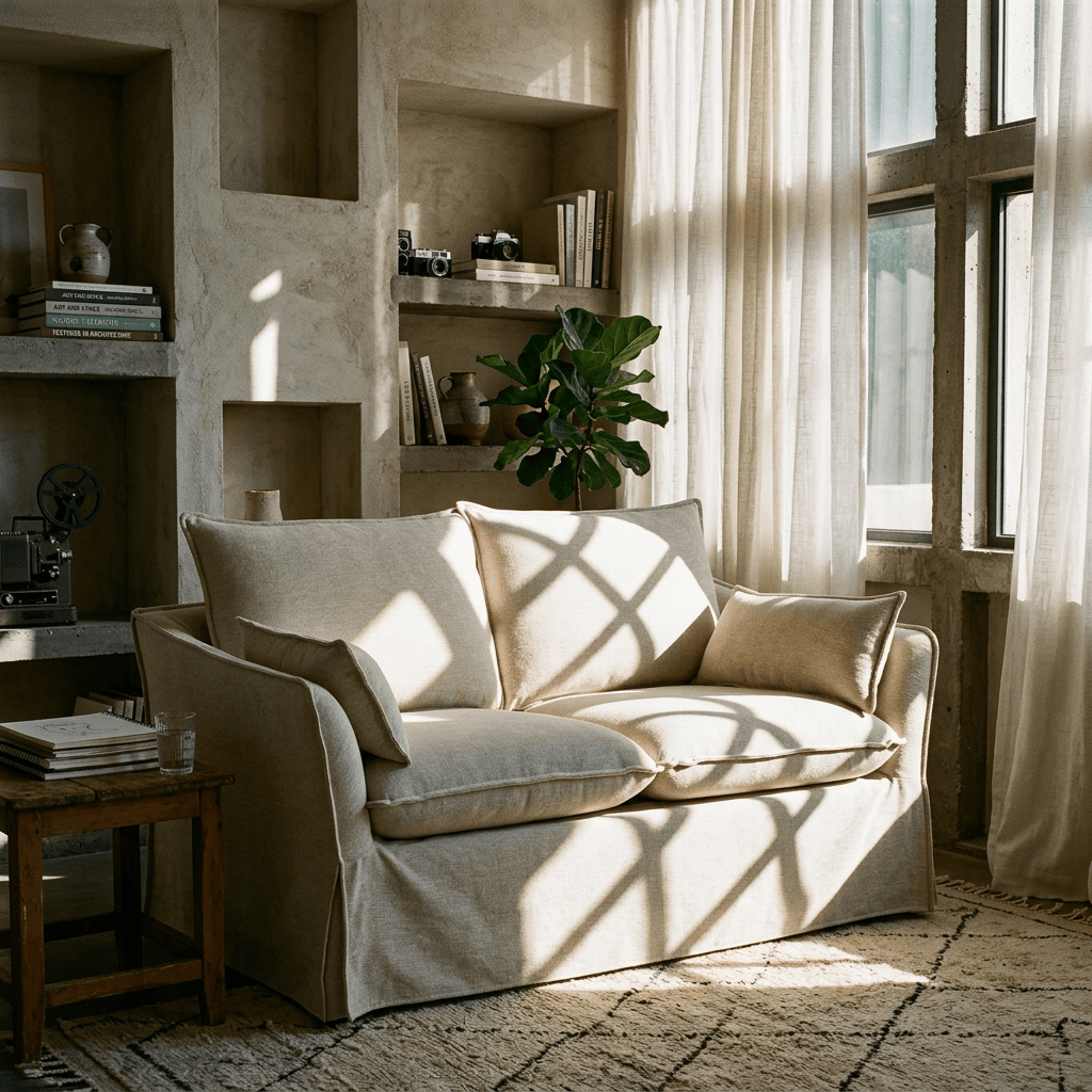 Shane Beige Linen Slipcover Loveseat w/2 Pillows 58" in stylish living room with natural light