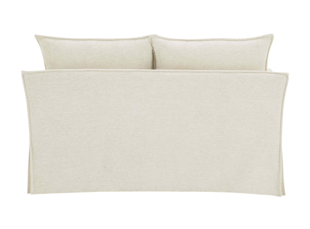 Shane Beige Linen Slipcover Loveseat w/2 Pillows 58" viewed from the back, showcasing cozy beige upholstery and pillows.