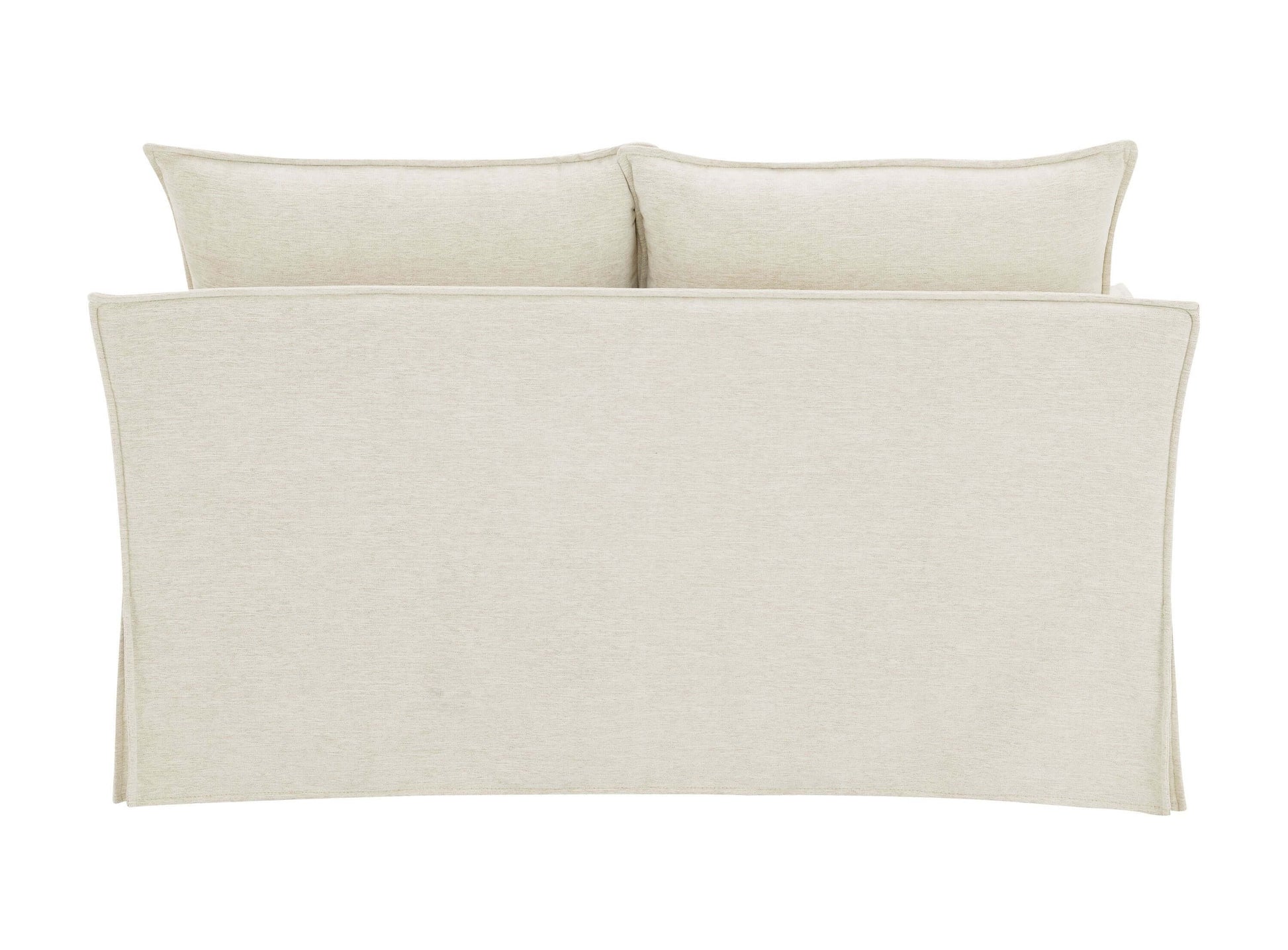 Shane Beige Linen Slipcover Loveseat w/2 Pillows 58" viewed from the back, showcasing cozy beige upholstery and pillows.