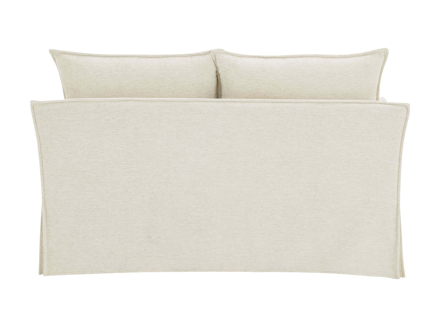 Shane Beige Linen Slipcover Loveseat w/2 Pillows 58" viewed from the back, showcasing cozy beige upholstery and pillows.