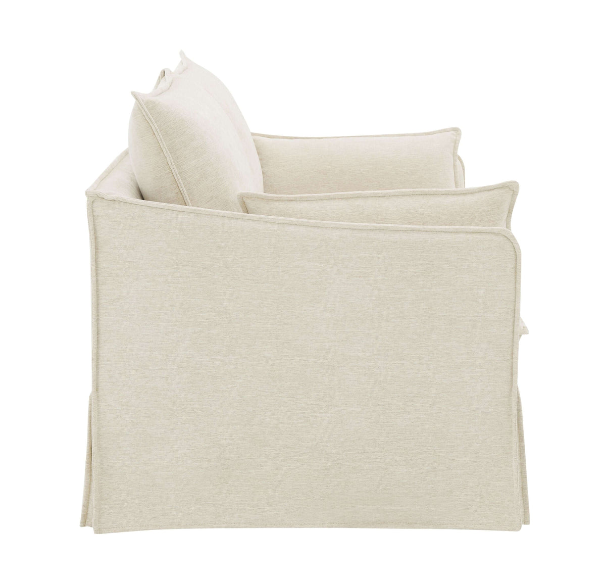 Shane Beige Linen Slipcover Loveseat w/2 Pillows 58" side view with soft beige fabric and plush cushions.