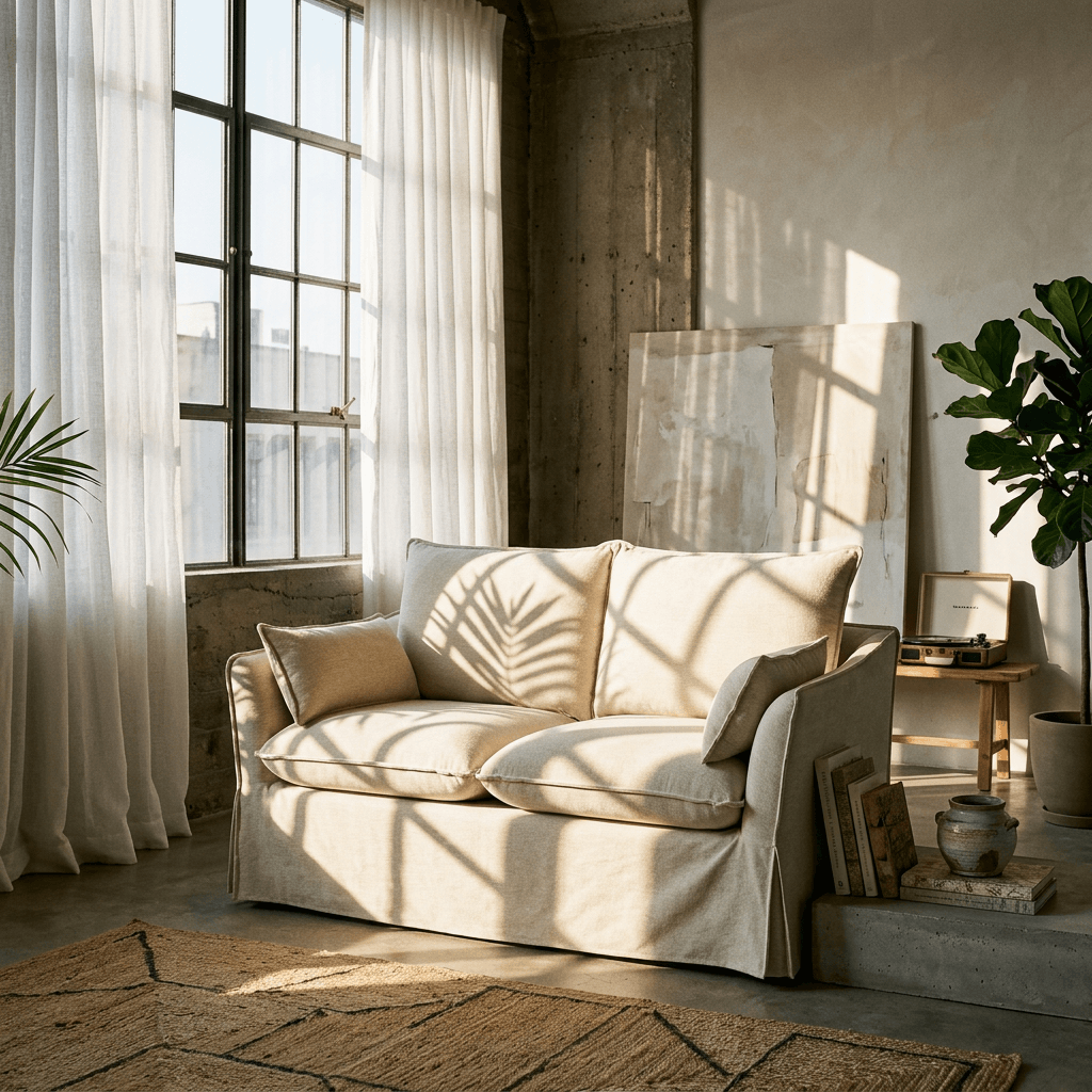 Shane Beige Linen Slipcover Loveseat w/2 Pillows 58" in a cozy living room setting with natural light.