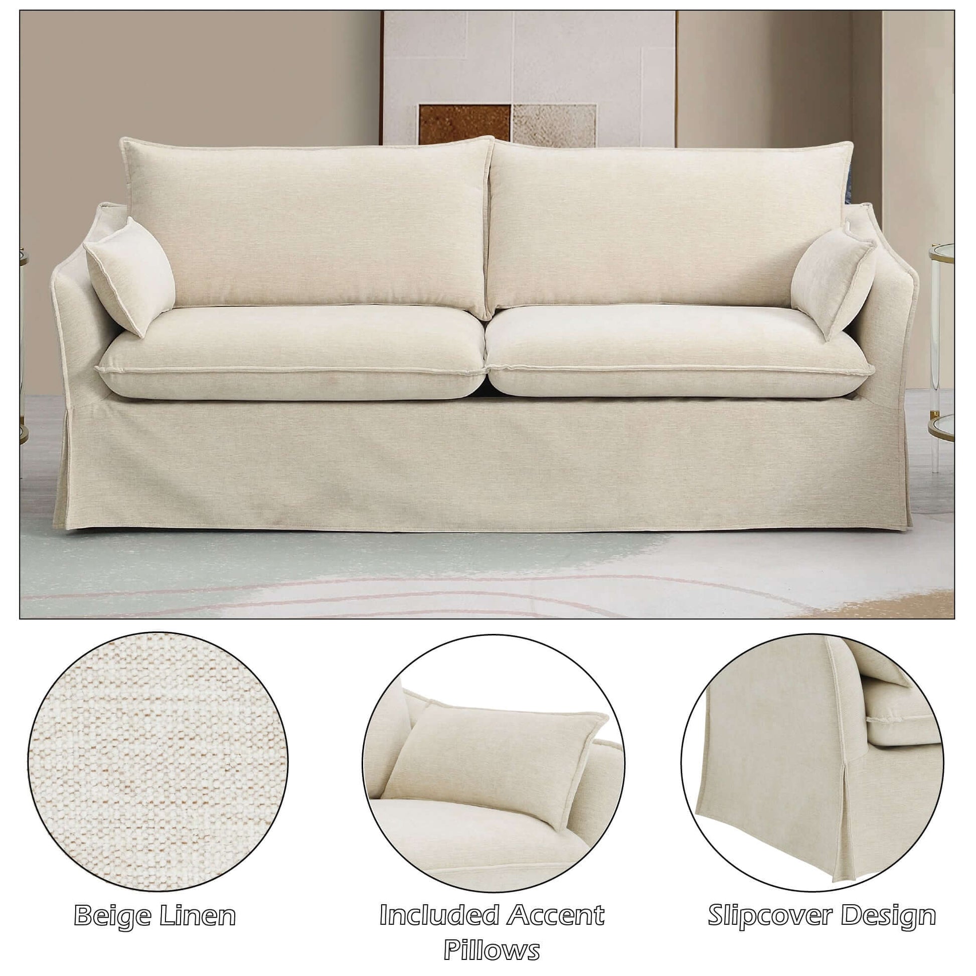 Shane Beige Linen Sofa – 82” Slipcovered Sofa with Pocket Coil Seating & 2 Pillows, featuring breathable linen and slipcover design.