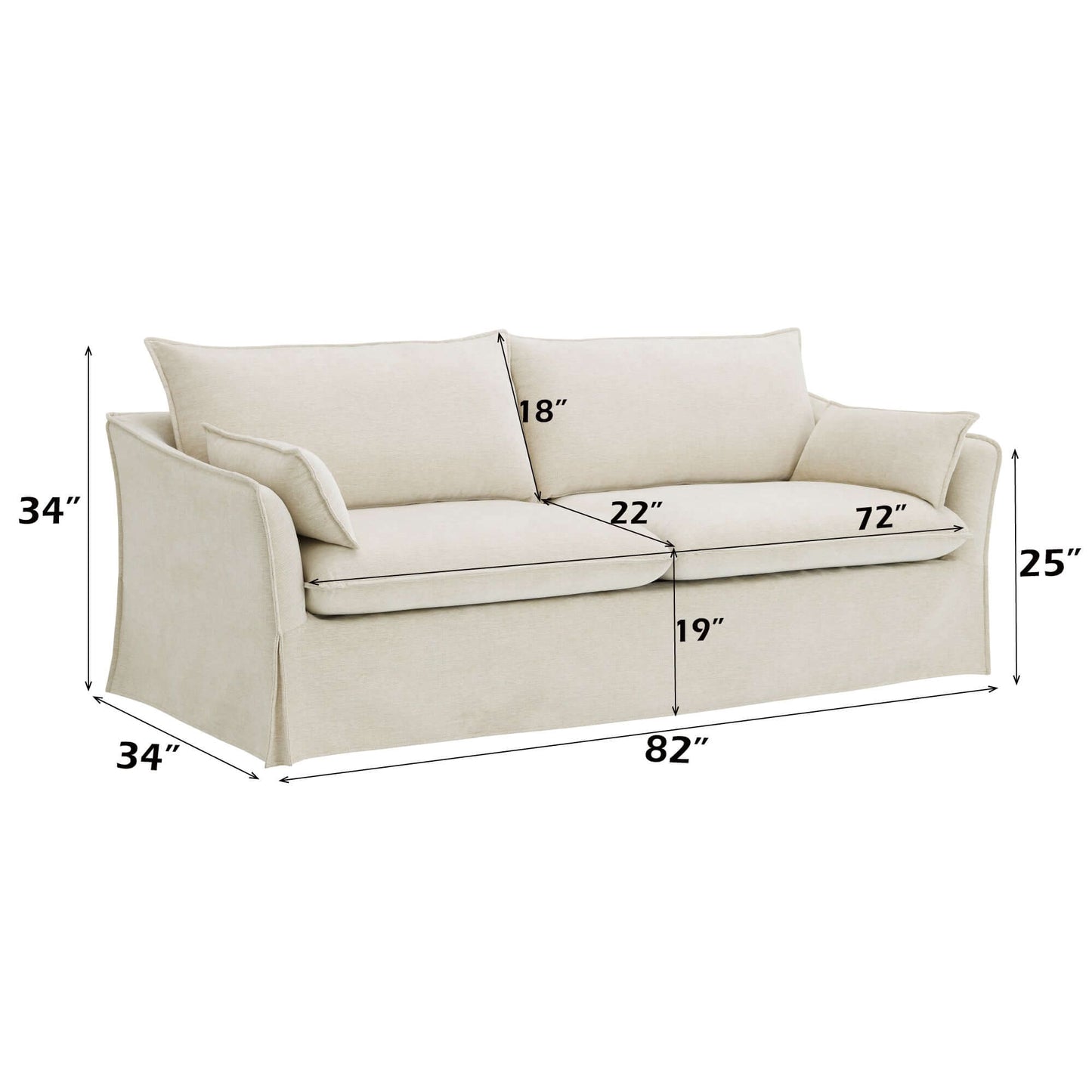 Shane Beige Linen Sofa – 82” Slipcovered Sofa with Pocket Coil Seating & 2 Pillows dimensions diagram