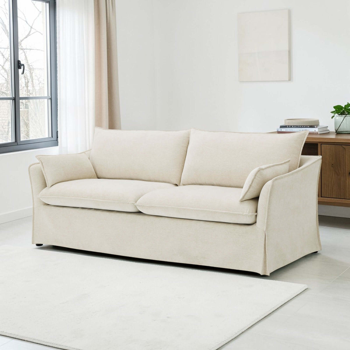 Shane Beige Linen Sofa – 82” Slipcovered Sofa with Pocket Coil Seating & 2 Pillows in a modern living room setting.