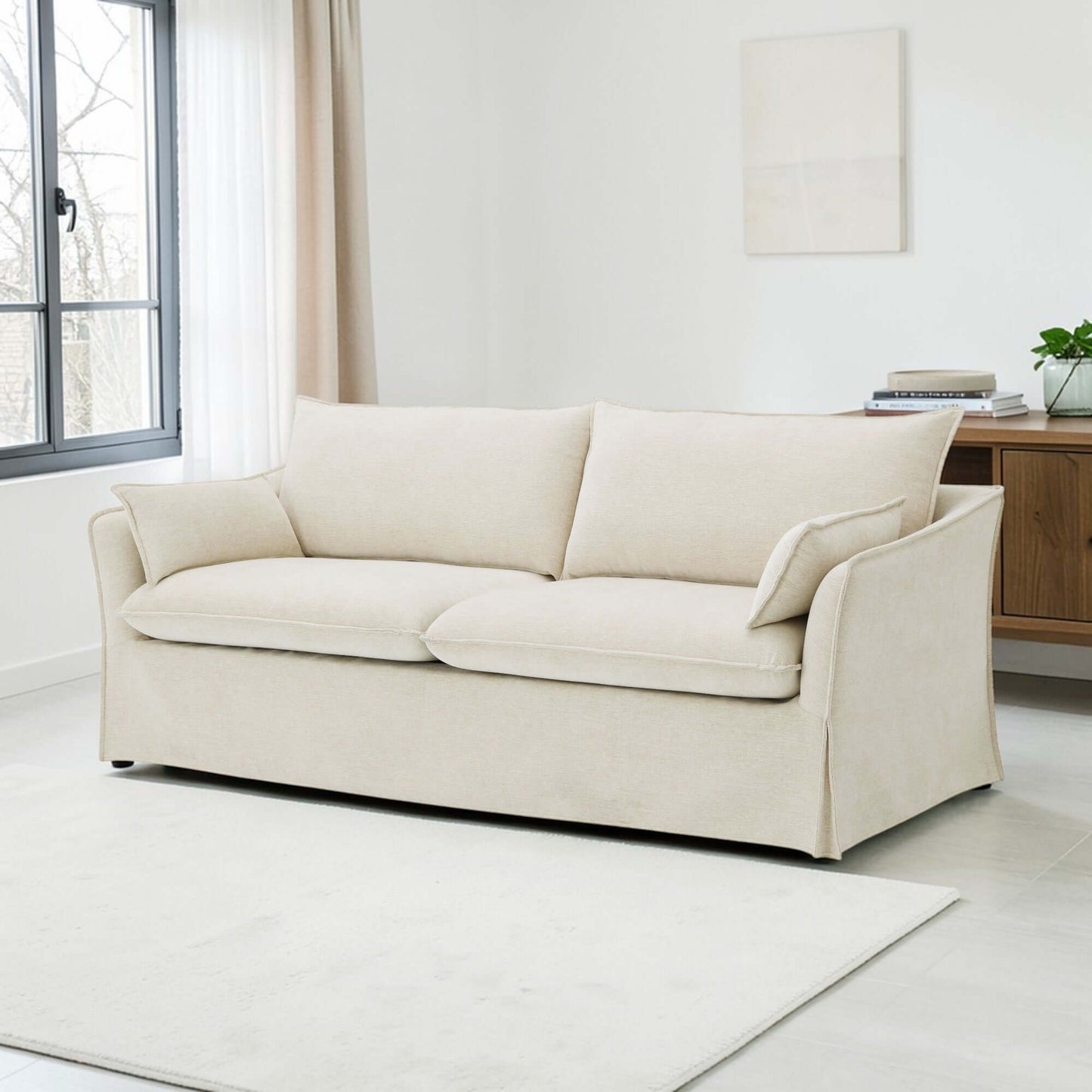 Shane Beige Linen Sofa – 82” Slipcovered Sofa with Pocket Coil Seating & 2 Pillows in a modern living room setting.