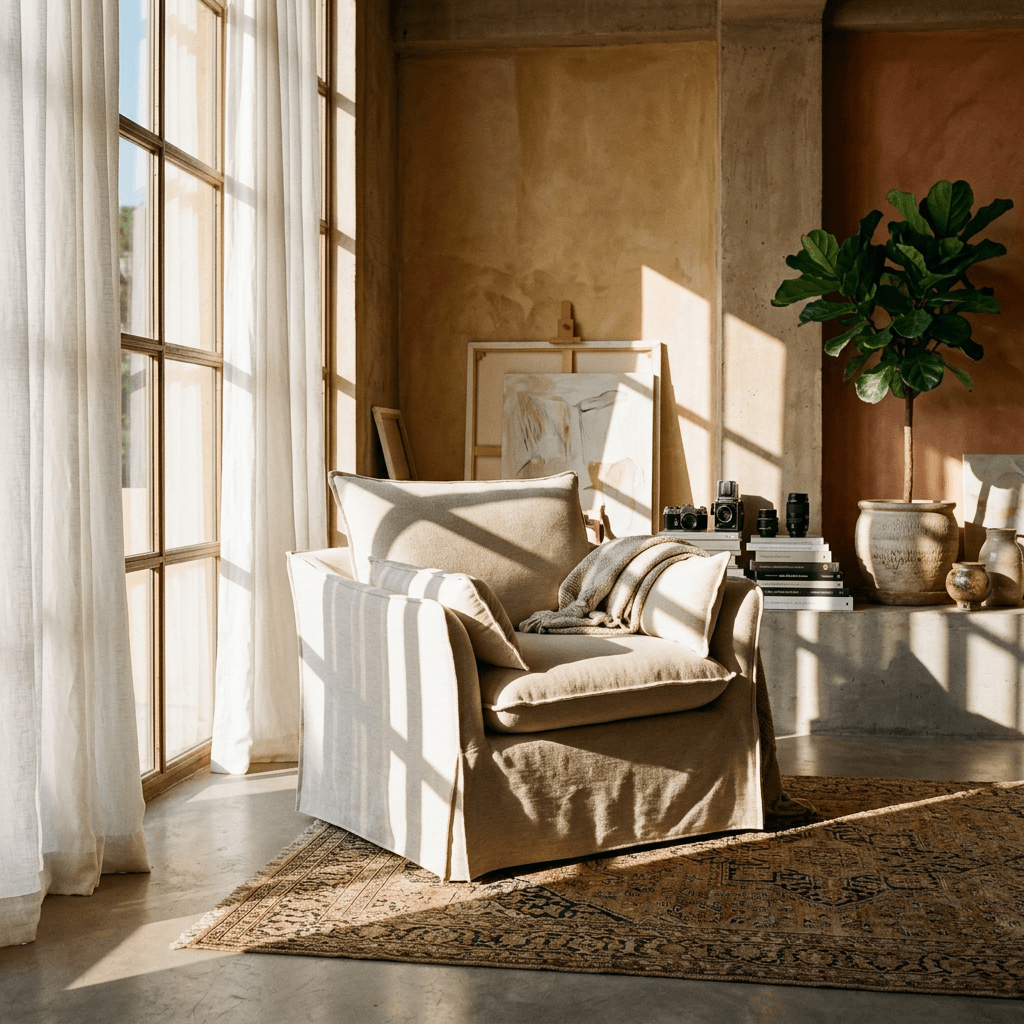 Shane Beige Slipcover Linen Chair w/2 Pillows in a sunlit room with plants and artwork.