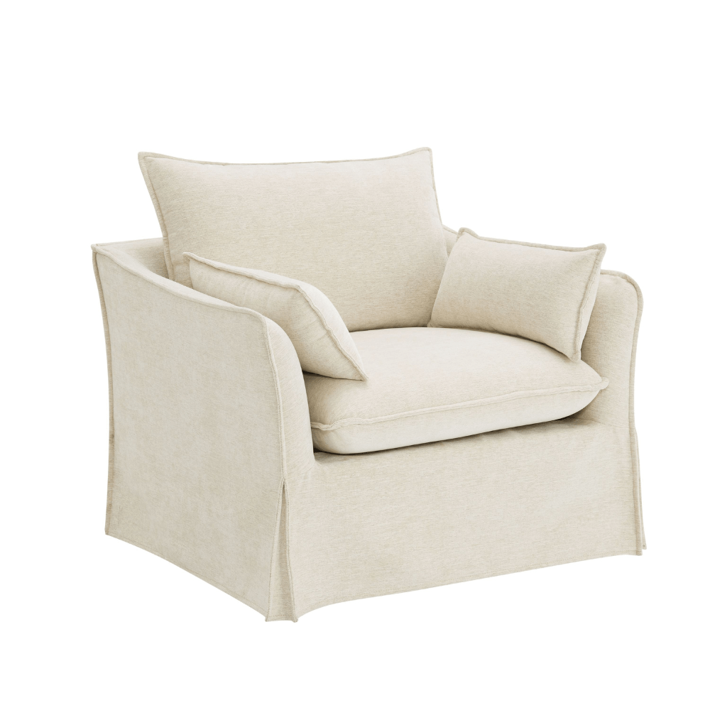 Shane Beige Slipcover Linen Chair w/2 Pillows, soft beige linen upholstery, cozy design, perfect for any interior.