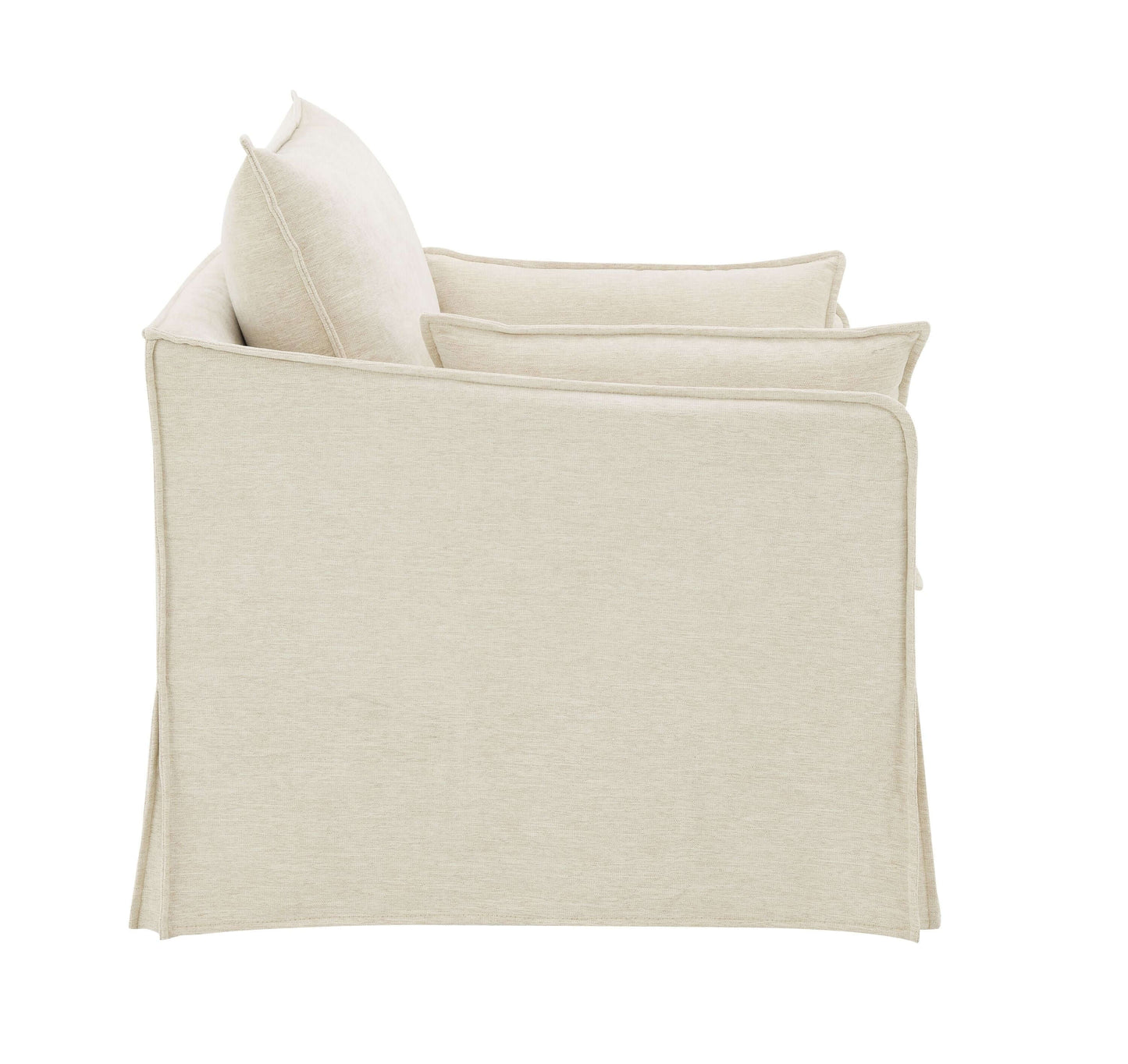 Shane Beige Slipcover Linen Chair w/2 Pillows side view with soft beige fabric and cushions.