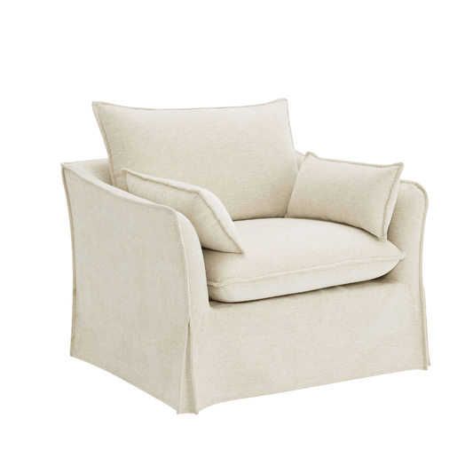 Shane Beige Slipcover Linen Chair w/2 Pillows, soft beige linen upholstery, cozy design, perfect for any interior.