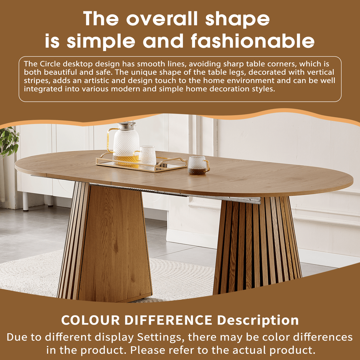 Extendable Oval Dining Table for 6 with a simple and fashionable design, featuring a smooth finish and artistic details.
