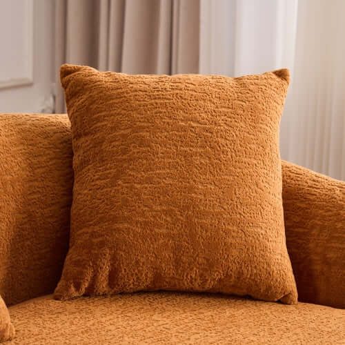 Soft plush orange pillow on Boneless Modular Chenille Sectional Sofa – 99” Curved Chaise Compression Couch (White).