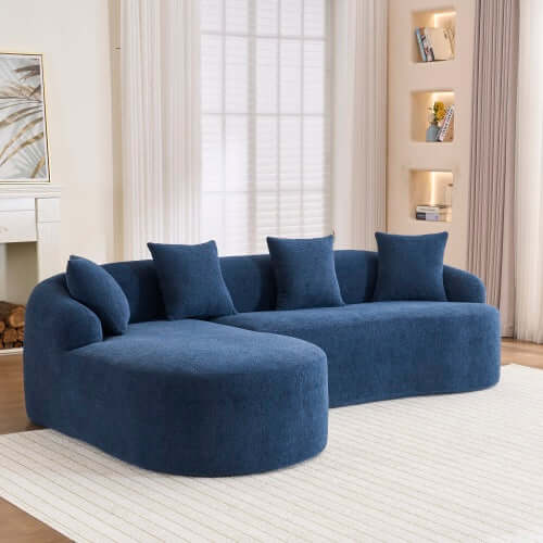 Boneless Modular Chenille Sectional Sofa – 99” Curved Chaise Compression Couch (White) in blue fabric
