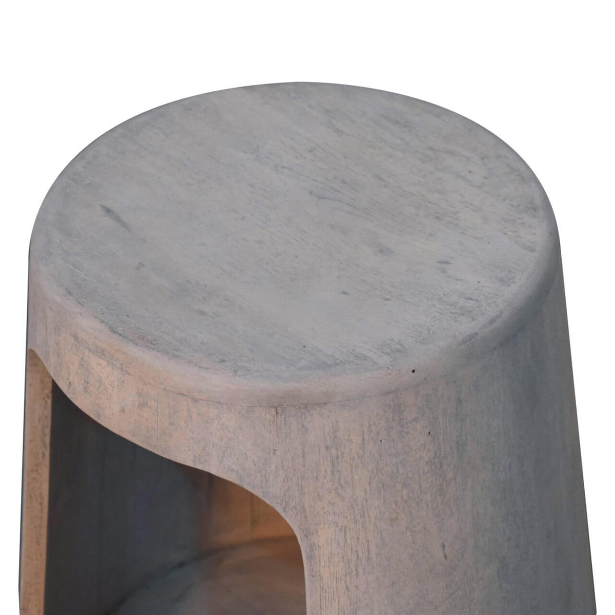 Solid Wood Acid Wash Side Table, Open-Storage with a round top and hollow design showcasing natural texture.