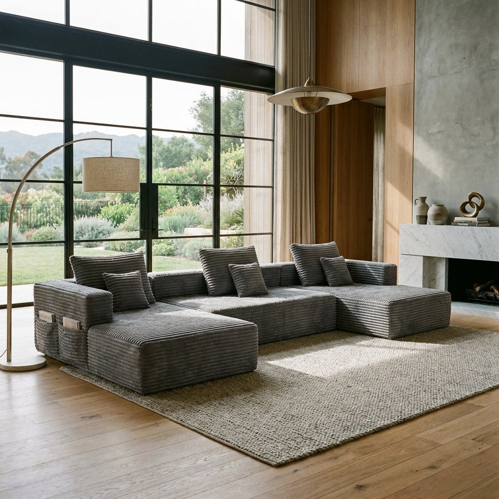 Sorrel Modular Reclining Sectional – Grey Corduroy L-Shaped Sofa – view 2