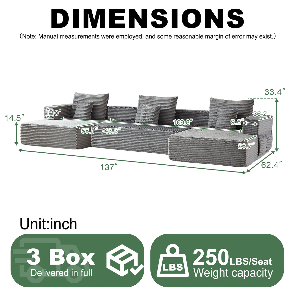 Sorrel Modular Reclining Sectional – Grey Corduroy L-Shaped Sofa – view 3