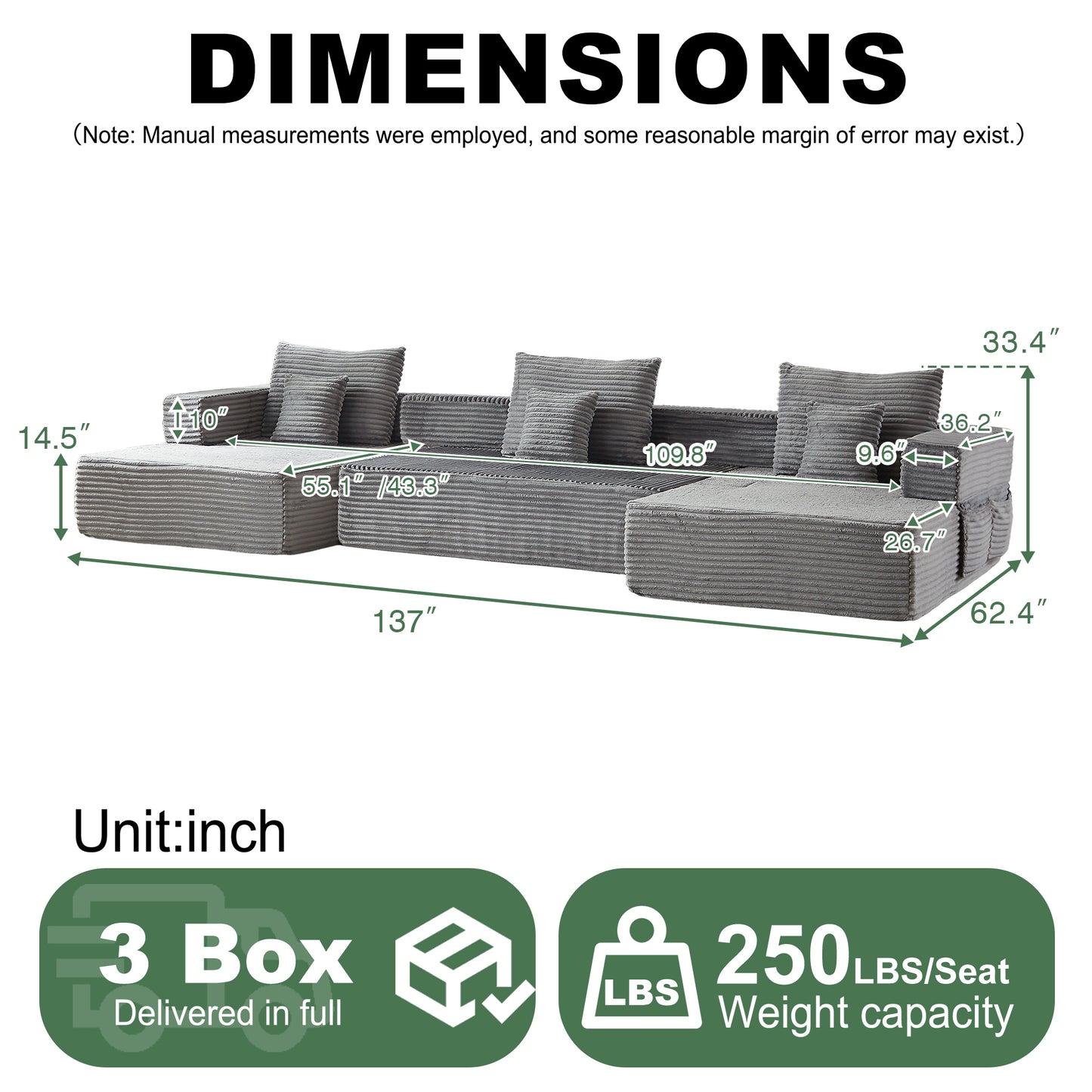 Sorrel Modular Reclining Sectional – Grey Corduroy L-Shaped Sofa – view 3
