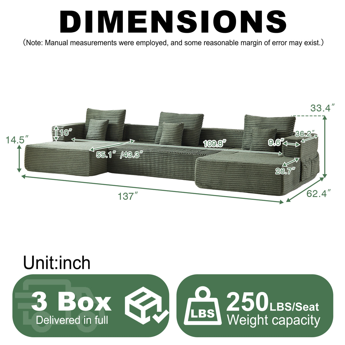 Sorrel U-Shaped Modular Sofa – 137" Corduroy Sectional with Removable Arms – view 17