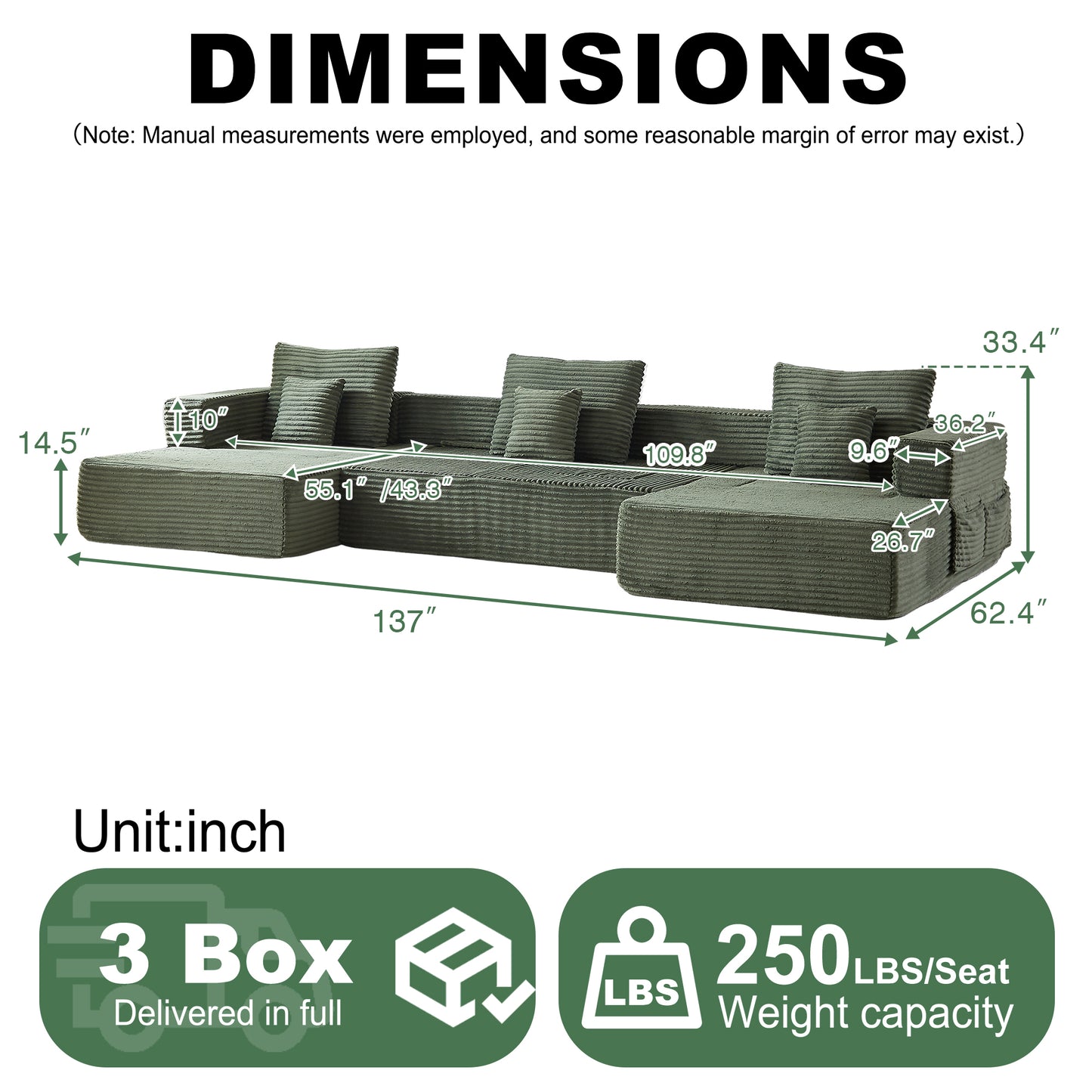 Sorrel U-Shaped Modular Sofa – 137" Corduroy Sectional with Removable Arms – view 17