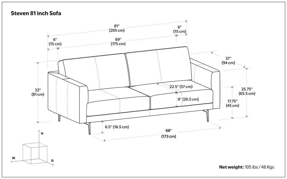 81" Leather Sofa with Black Legs | Modern Leather Living Room Couch dimensions diagram showing measurements.