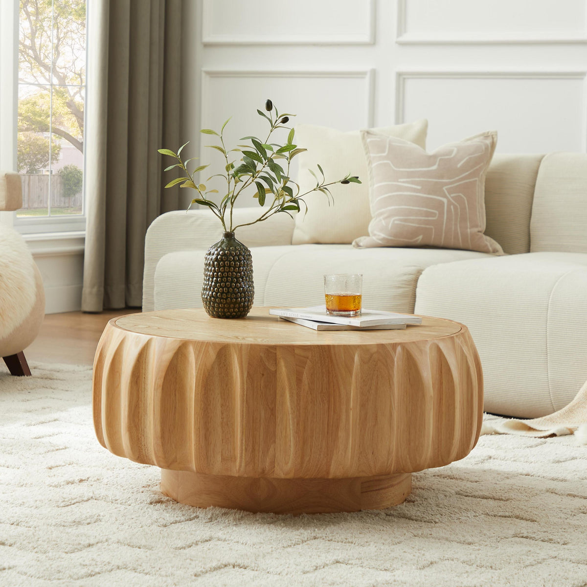 Sylvie Natural Birch Round Coffee Table – 31.5" Carved Sculptural Table – view 6