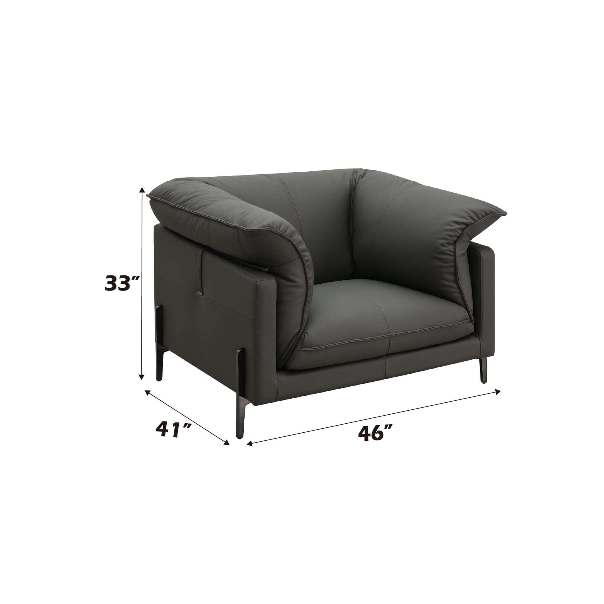 Tadi Black Top-Grain Leather Lounge Chair – Modern Luxury Accent Chair with dimensions 33x41x46 inches.