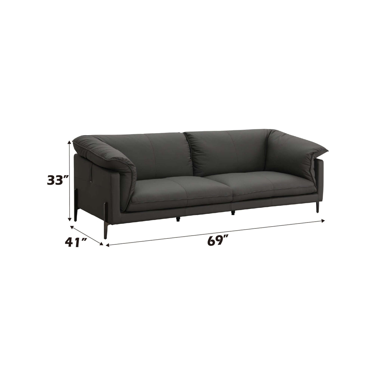 Tadi Black Top-Grain Leather Loveseat 69" – Modern Luxury 2-Seat Sofa dimensions and design profile