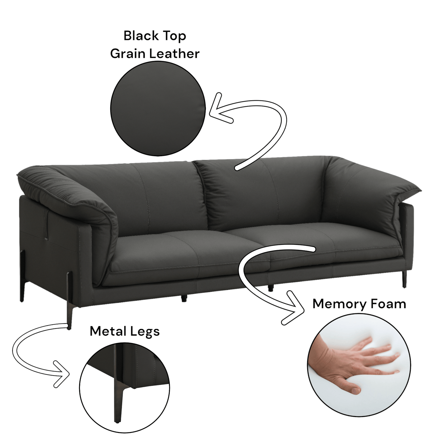 Tadi Black Top-Grain Leather Sofa 97" – Modern Luxury Statement Couch with memory foam cushions and metal legs.