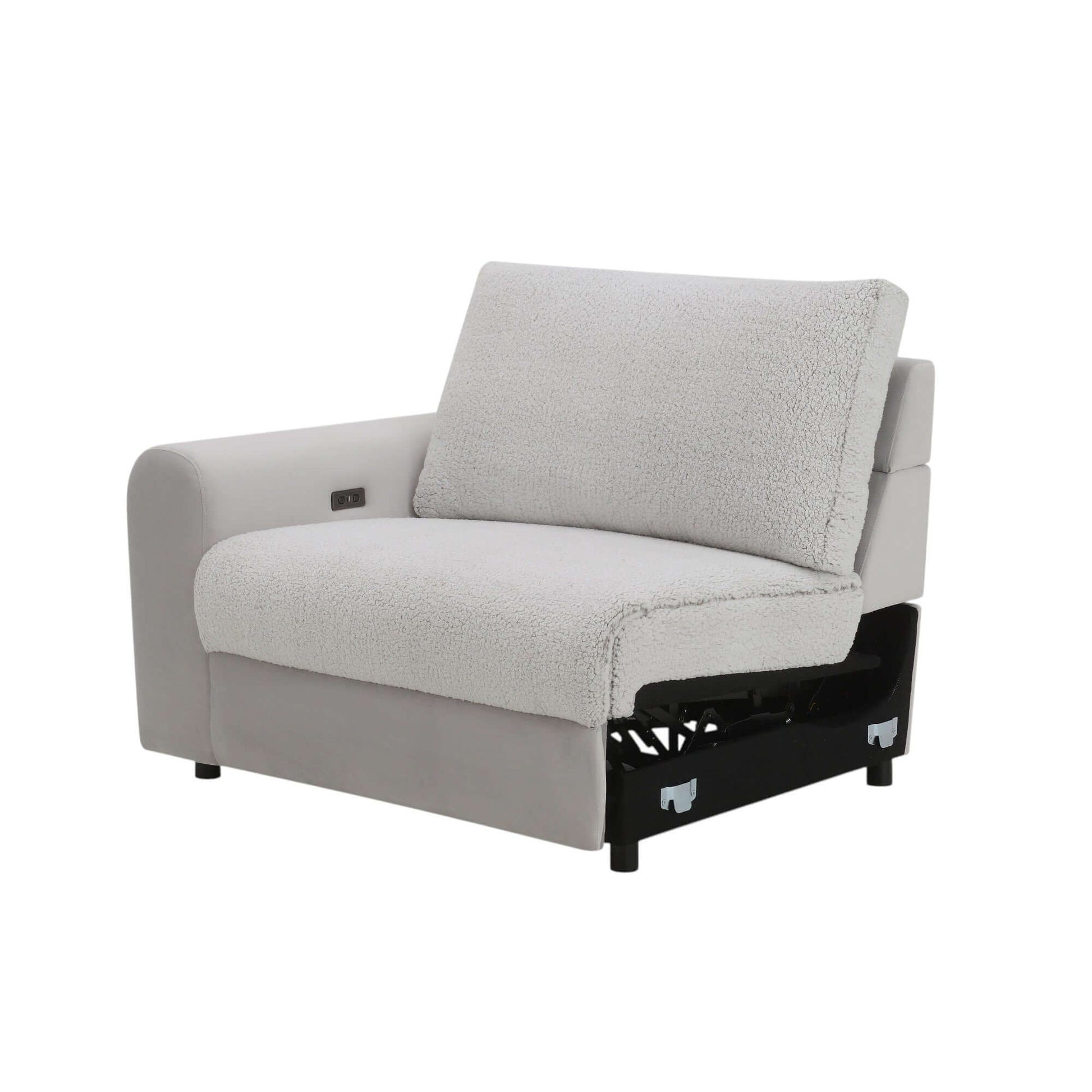 Tarrance Modular Gray Sherpa & Velvet Power Recliner Sectional with Multifunction Console 165" in soft gray sherpa fabric.
