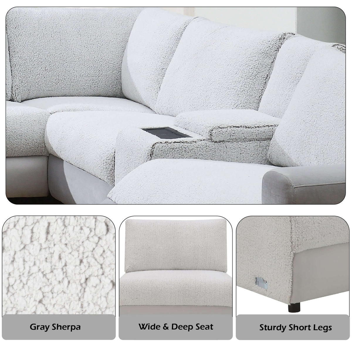 Tarrance Modular Gray Sherpa & Velvet Power Recliner Sectional with Multifunction Console 165" close-up features