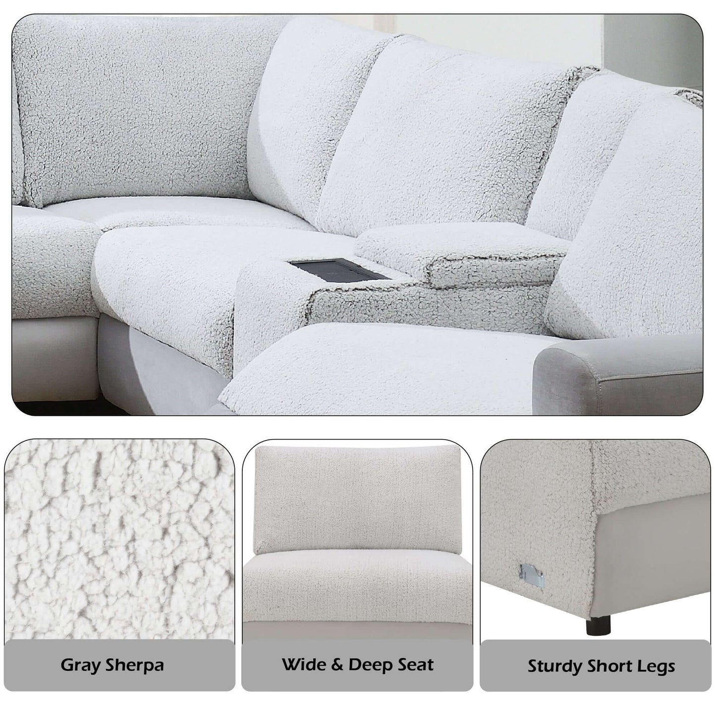 Tarrance Modular Gray Sherpa & Velvet Power Recliner Sectional with Multifunction Console 165" close-up features