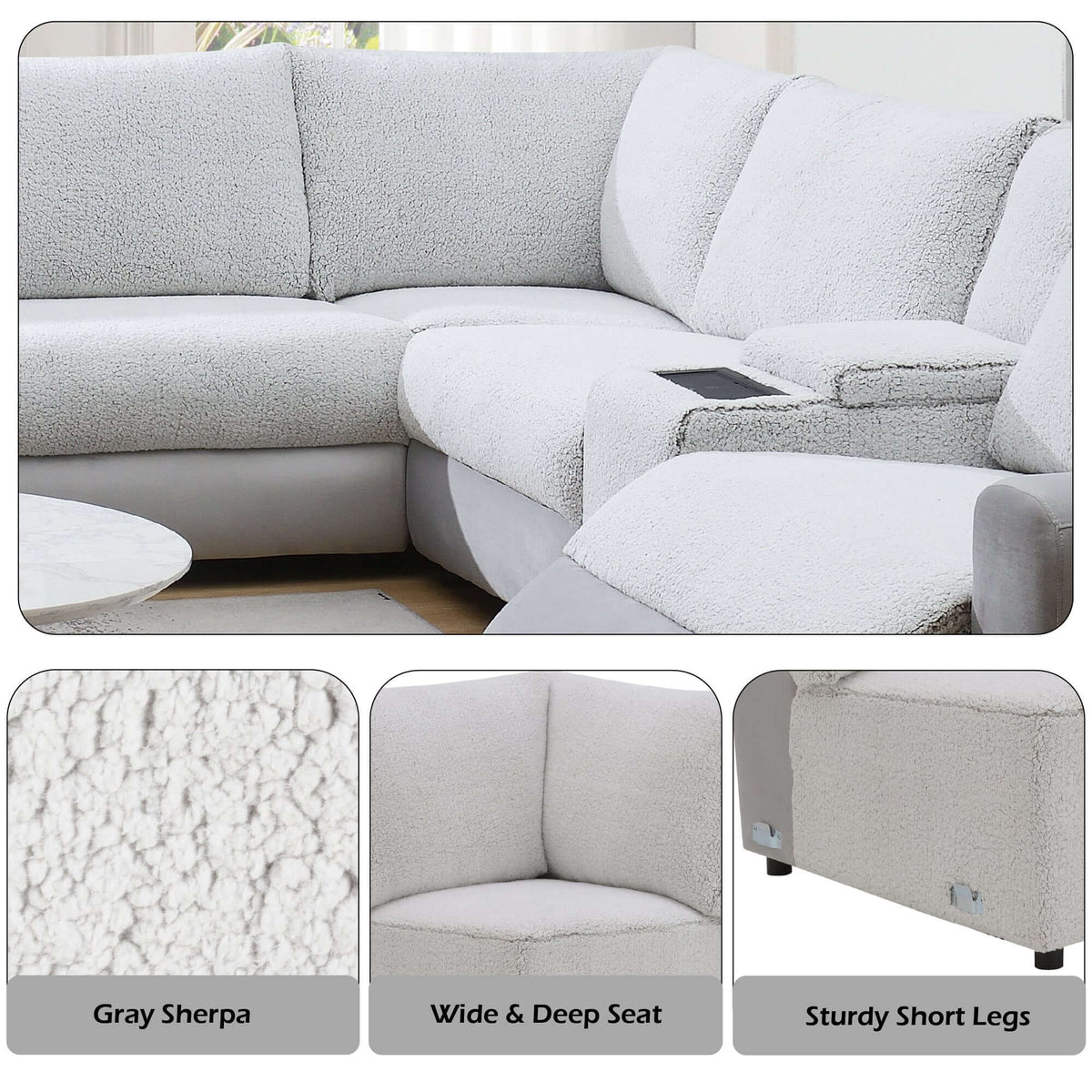 Tarrance Modular Gray Sherpa & Velvet Power Recliner Sectional with Multifunction Console 165"