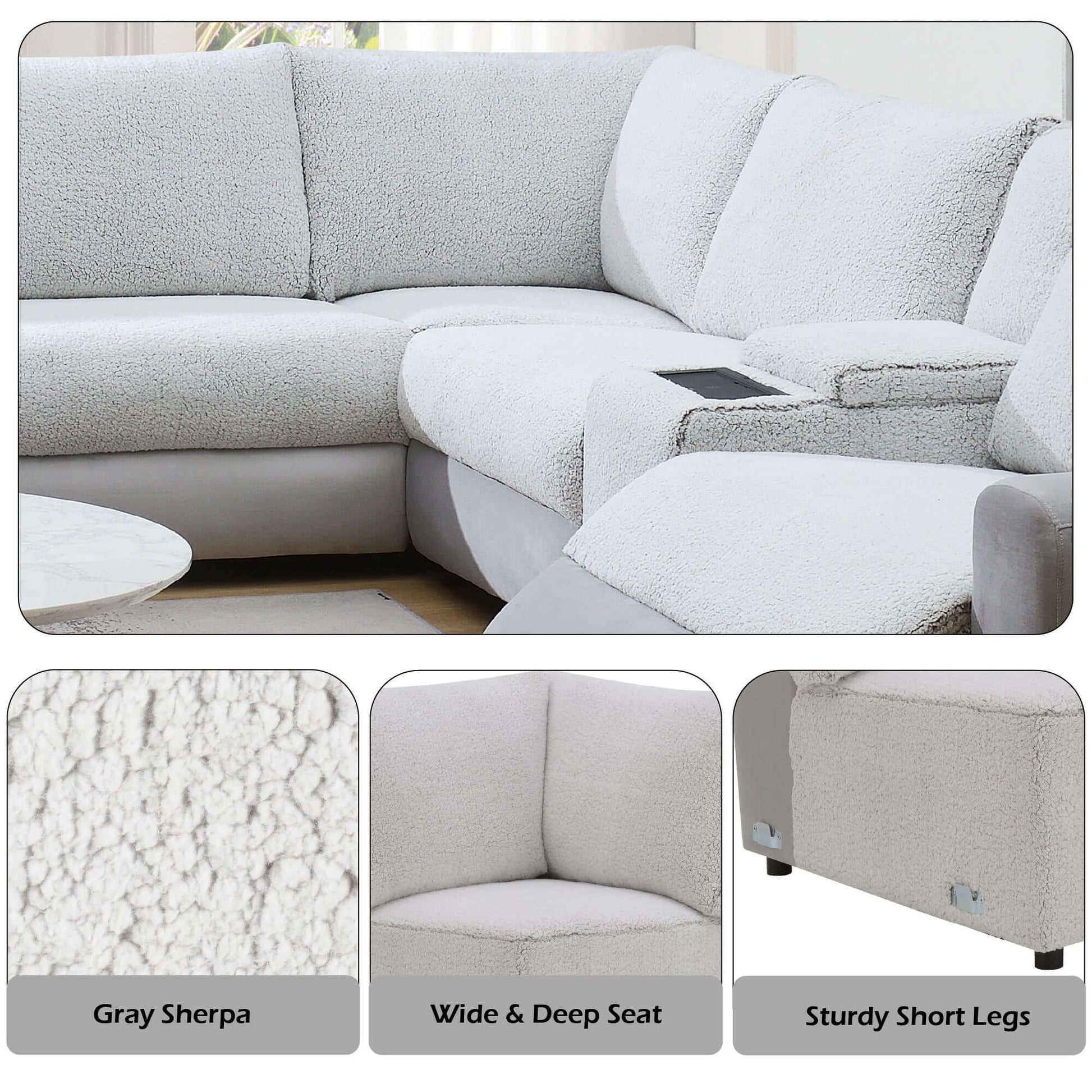 Tarrance Modular Gray Sherpa & Velvet Power Recliner Sectional with Multifunction Console 165" upholstery details including Gray Sherpa.