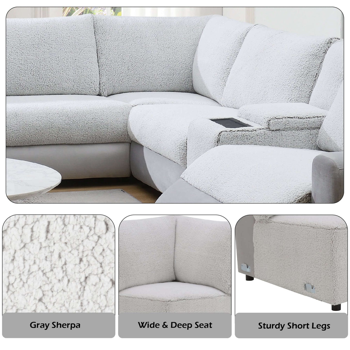 Tarrance Modular Gray Sherpa & Velvet Power Recliner Sectional with Multifunction Console 165" upholstery details including Gray Sherpa.