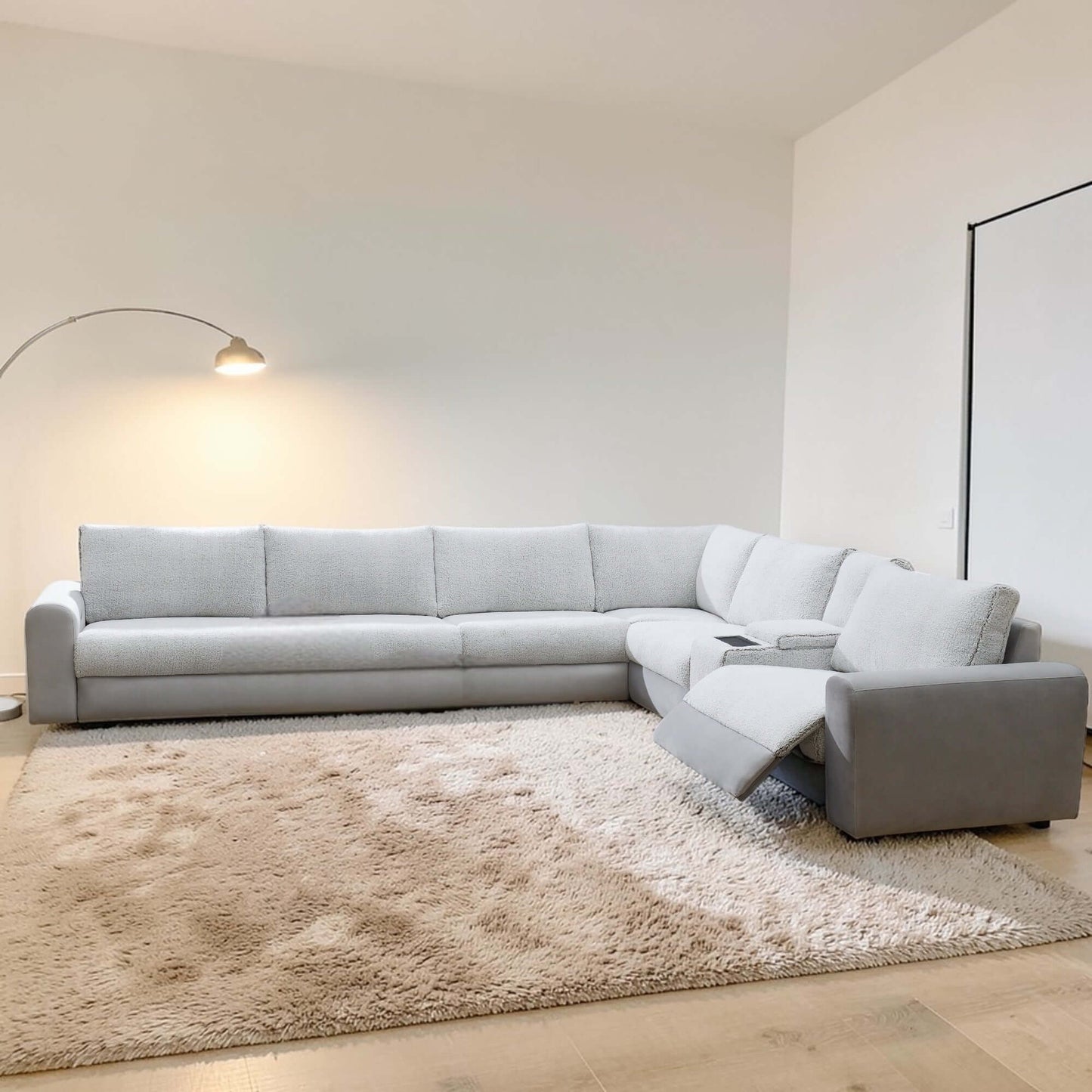 Tarrance Modular Gray Sherpa & Velvet Power Recliner Sectional with Multifunction Console 165" in modern lounge setting.