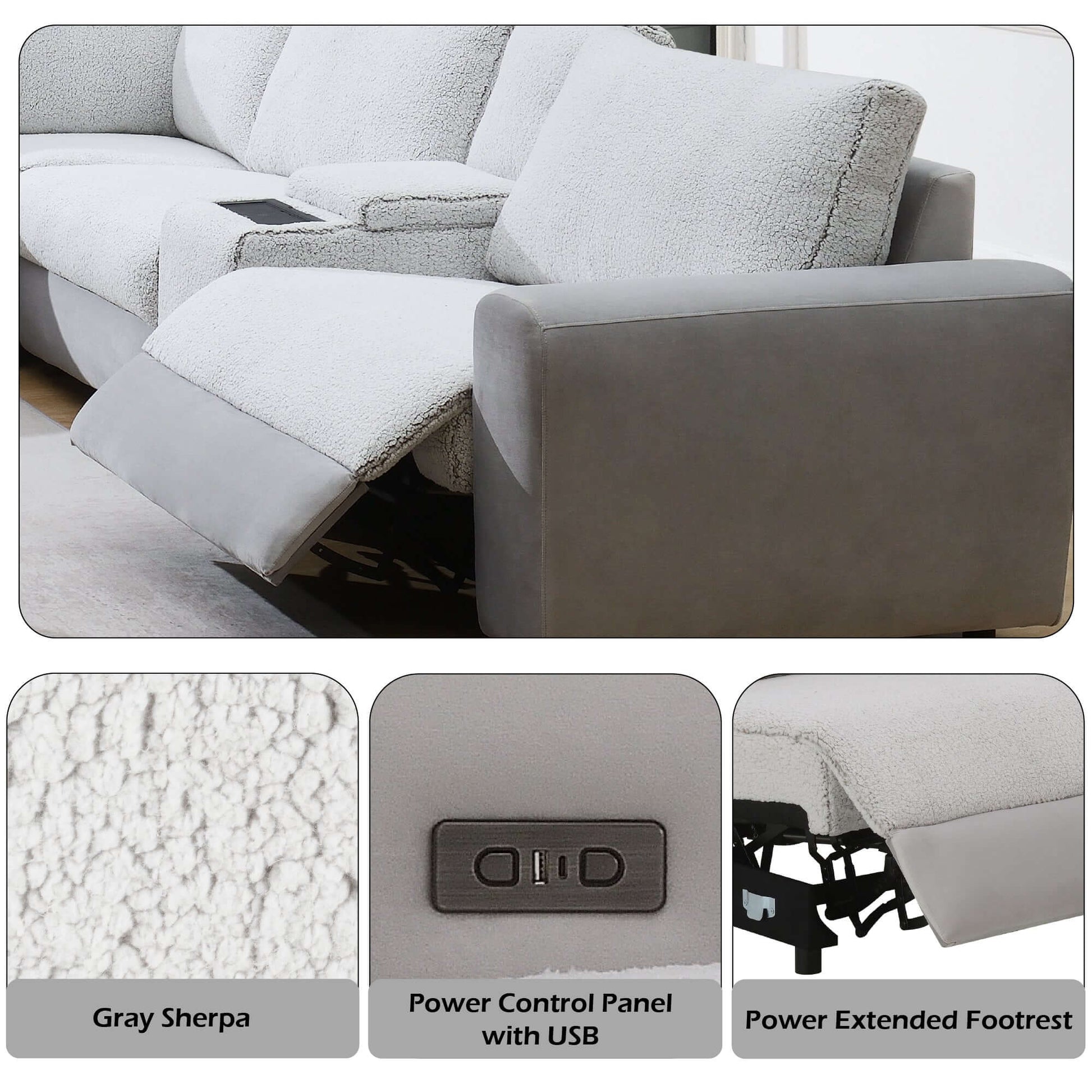 Tarrance Modular Gray Sherpa & Velvet Power Recliner Sectional with Multifunction Console 165" features plush Gray Sherpa.