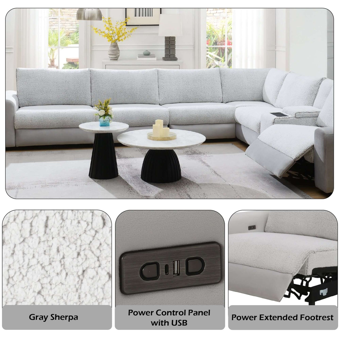 Tarrance Modular Gray Sherpa & Velvet Power Recliner Sectional with Multifunction Console 165" featuring plush textures and smart controls.