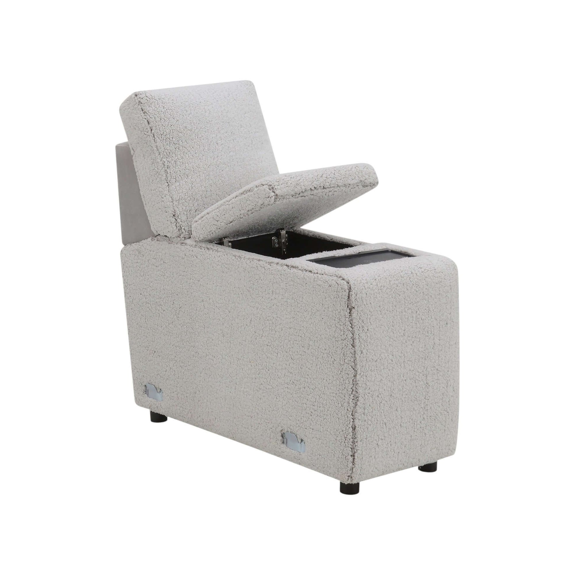 Tarrance Modular Gray Sherpa & Velvet Power Recliner Sectional with Multifunction Console 165" storage console open.