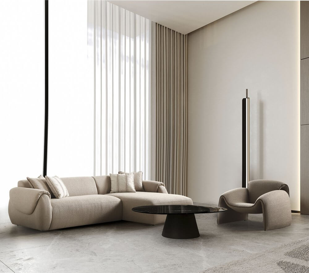 Taupe Boucle L Shaped Two Piece Sofa and Chaise Sectional With Toss Pillows in a stylish living room.