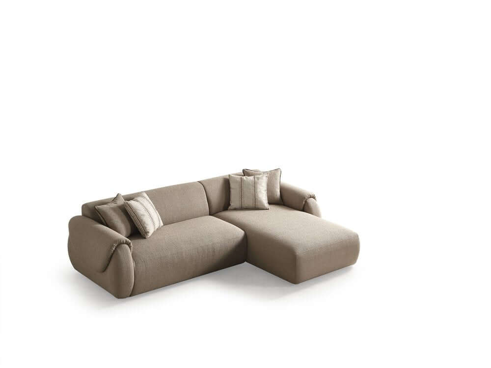 Taupe Boucle L Shaped Two Piece Sofa and Chaise Sectional With Toss Pillows displaying plush design and comfortable seating.