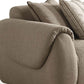Taupe Boucle L Shaped Two Piece Sofa and Chaise Sectional With Toss Pillows close-up of textured arm and decorative cushions.