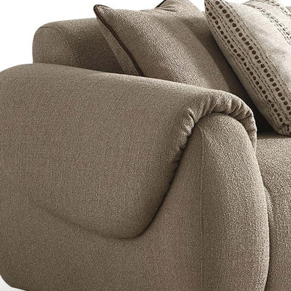 Taupe Boucle L Shaped Two Piece Sofa and Chaise Sectional With Toss Pillows close-up of textured arm and decorative cushions.