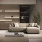 Taupe Boucle L Shaped Two Piece Sofa and Chaise Sectional With Toss Pillows in a modern living room setting.